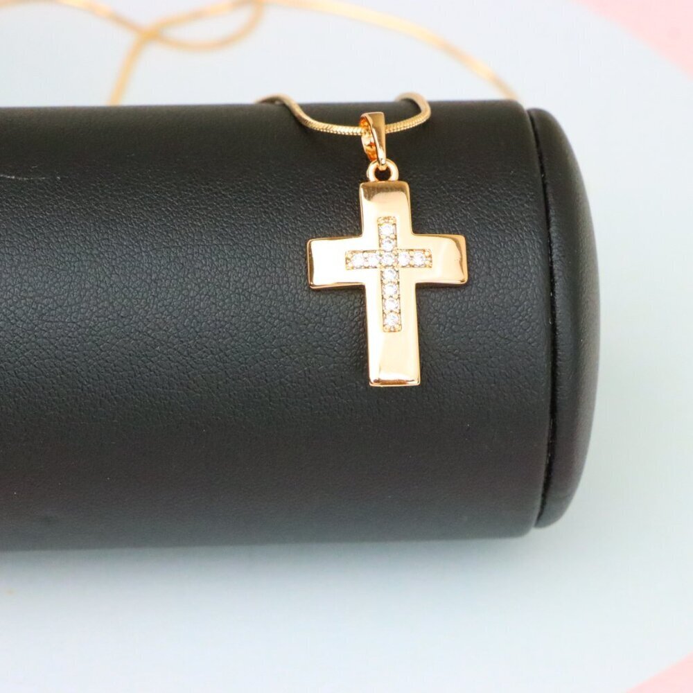 "Rose Gold Cross Pendant with Inset CZ Accents in Glossy Finish, XPPT1847 - Picture 12 of 13